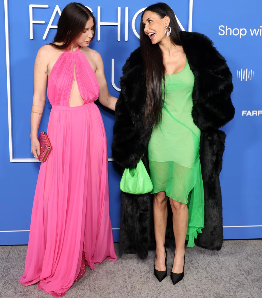 with-matching-neon-dresses,-demi-moore-and-scout-willis-resemble-one-other-almost-exactly